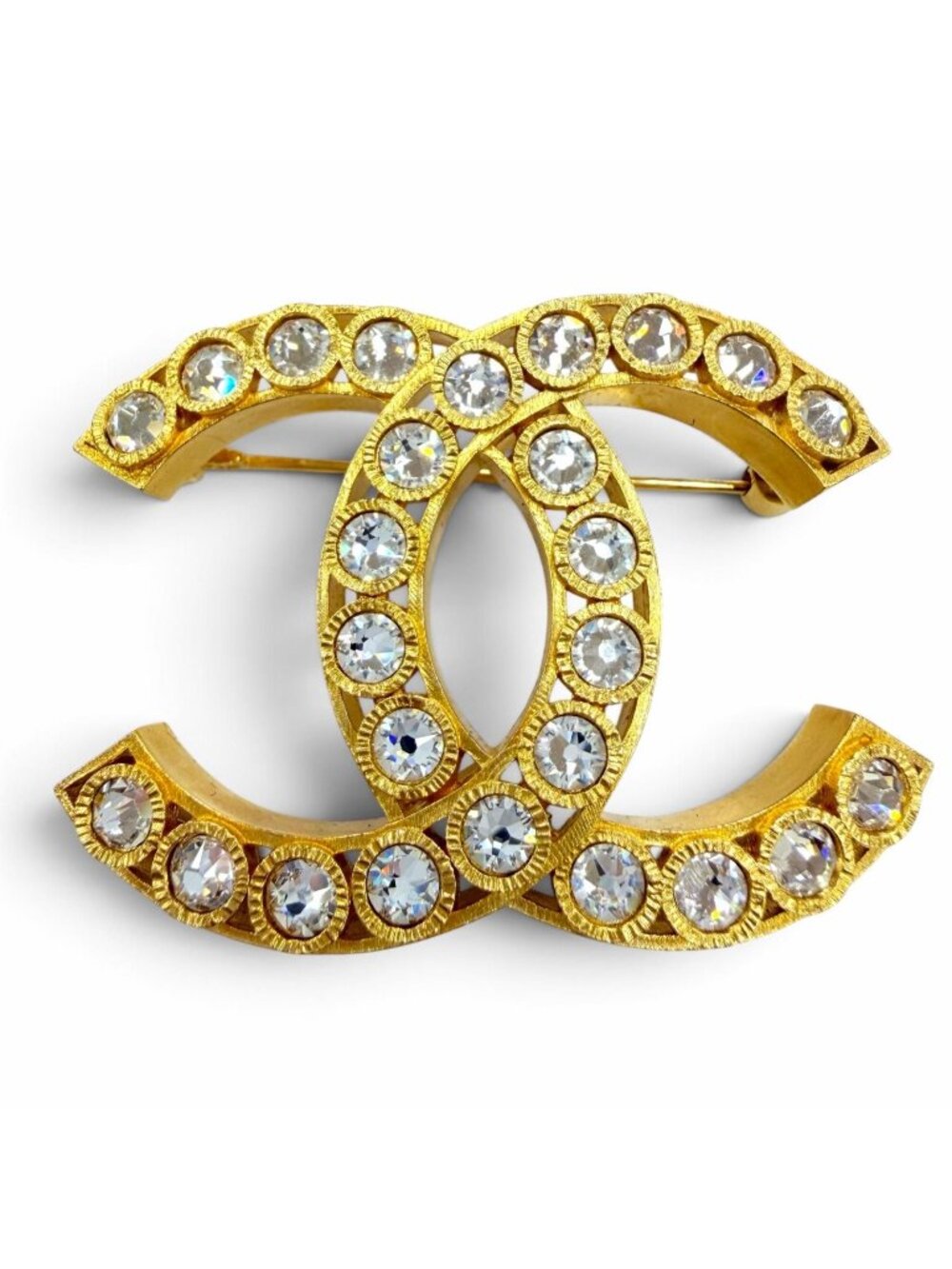 Chanel Medie D'art Collection Rhinestone CC Logo Brooch Gold